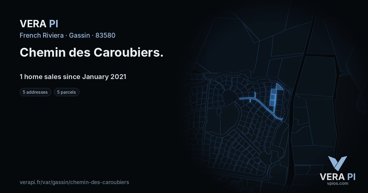 Chemin des Caroubiers, Gassin at night – every parcel coloured by the prices around it, the street's own parcels lit