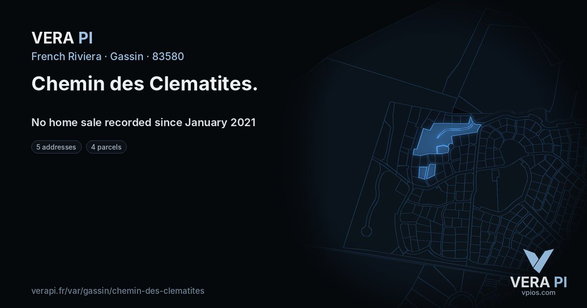 Chemin des Clematites, Gassin at night – every parcel coloured by the prices around it, the street's own parcels lit