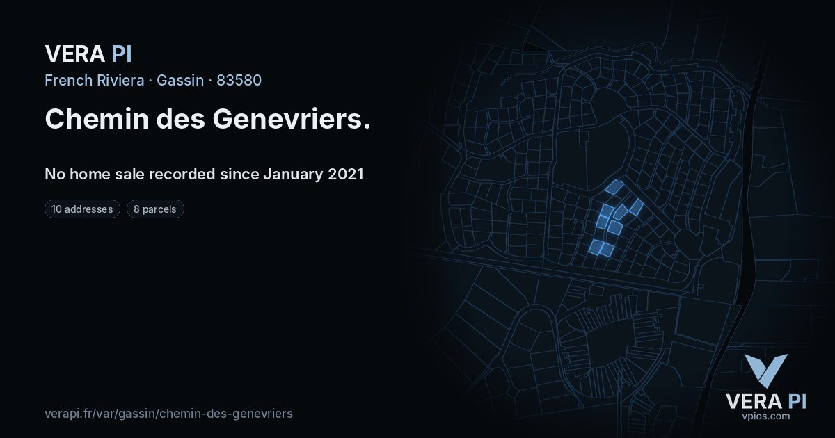 Chemin des Genevriers, Gassin at night – every parcel coloured by the prices around it, the street's own parcels lit
