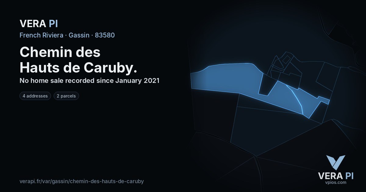 Chemin des Hauts de Caruby, Gassin at night – every parcel coloured by the prices around it, the street's own parcels lit
