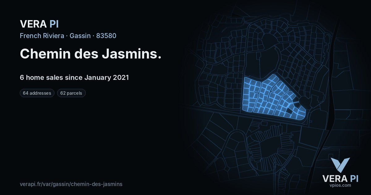 Chemin des Jasmins, Gassin at night – every parcel coloured by the prices around it, the street's own parcels lit