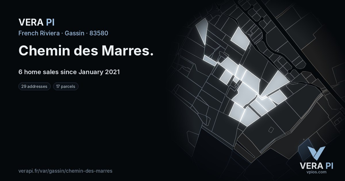 Chemin des Marres, Gassin at night – every parcel coloured by the prices around it, the street's own parcels lit