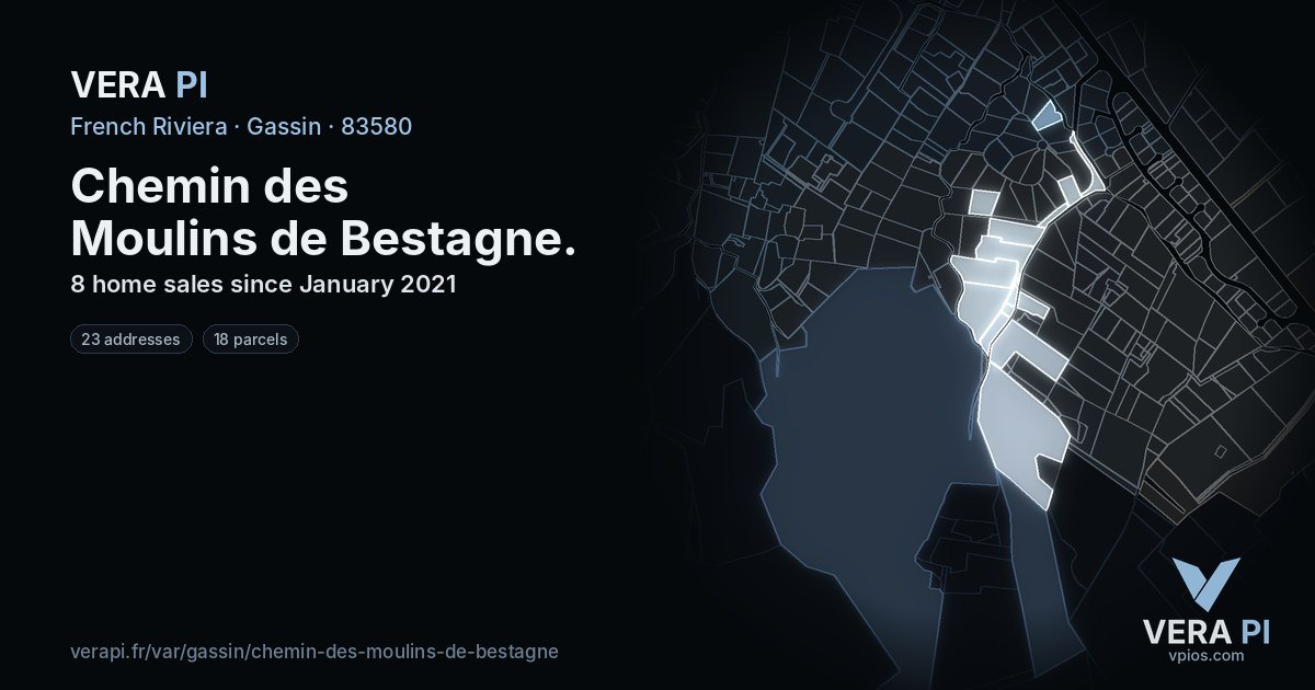 Chemin des Moulins de Bestagne, Gassin at night – every parcel coloured by the prices around it, the street's own parcels lit