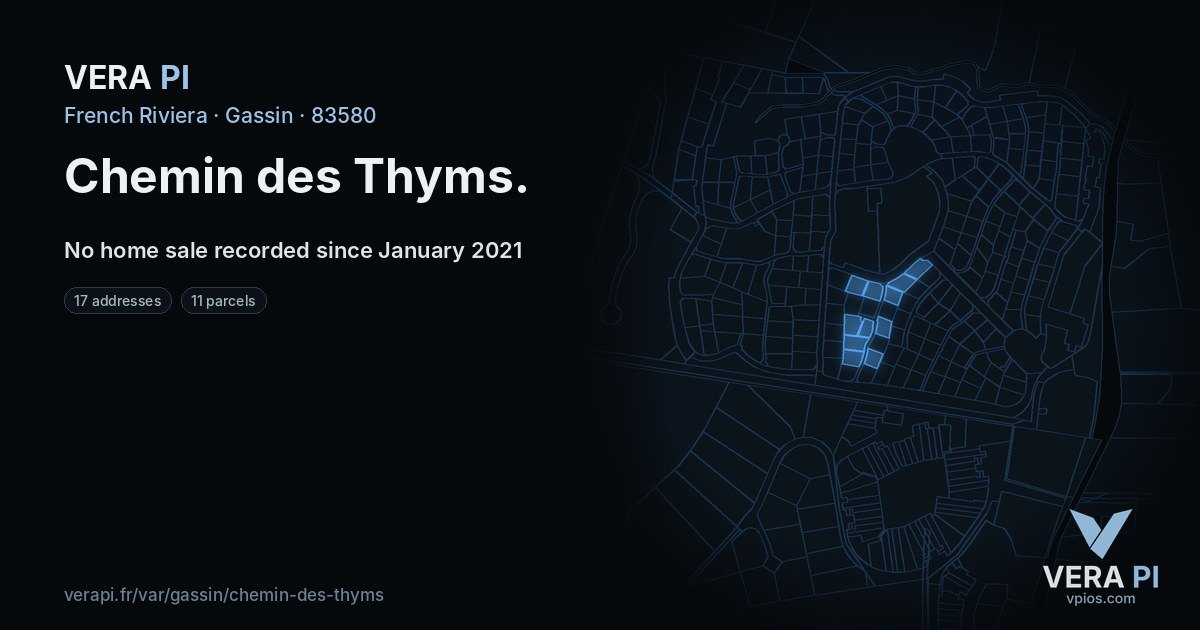 Chemin des Thyms, Gassin at night – every parcel coloured by the prices around it, the street's own parcels lit