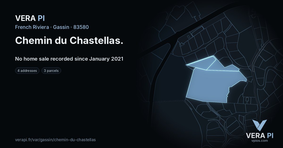 Chemin du Chastellas, Gassin at night – every parcel coloured by the prices around it, the street's own parcels lit