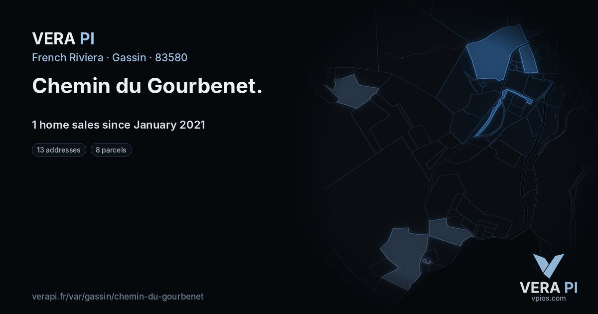 Chemin du Gourbenet, Gassin at night – every parcel coloured by the prices around it, the street's own parcels lit