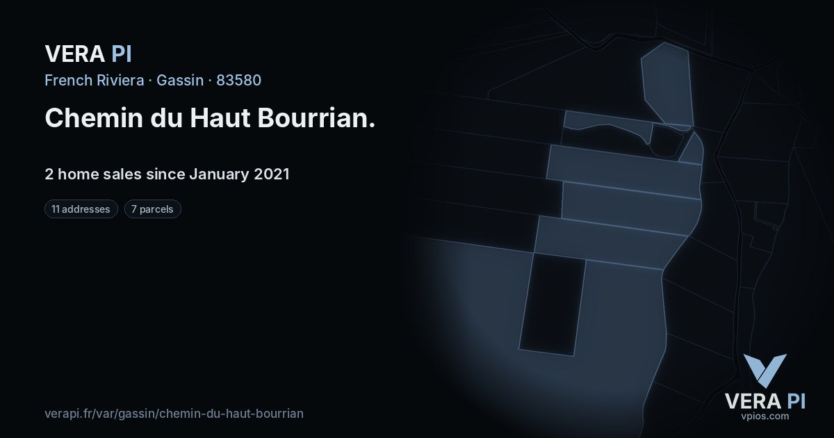 Chemin du Haut Bourrian, Gassin at night – every parcel coloured by the prices around it, the street's own parcels lit