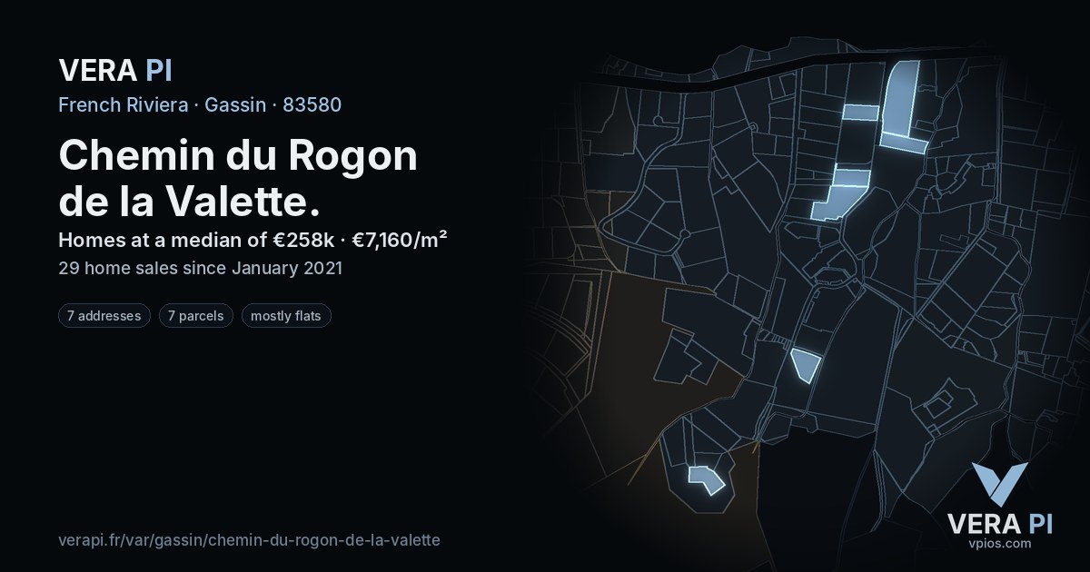 Chemin du Rogon de la Valette, Gassin at night – every parcel coloured by the prices around it, the street's own parcels lit