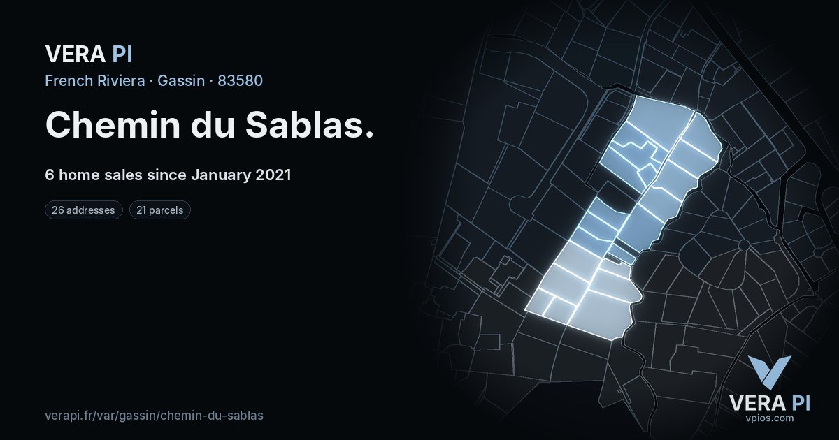 Chemin du Sablas, Gassin at night – every parcel coloured by the prices around it, the street's own parcels lit