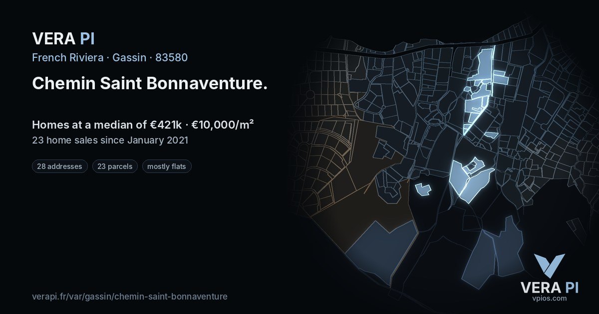 Chemin Saint Bonnaventure, Gassin at night – every parcel coloured by the prices around it, the street's own parcels lit