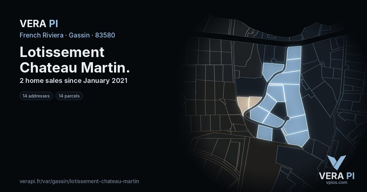 Lotissement Chateau Martin, Gassin at night – every parcel coloured by the prices around it, the street's own parcels lit
