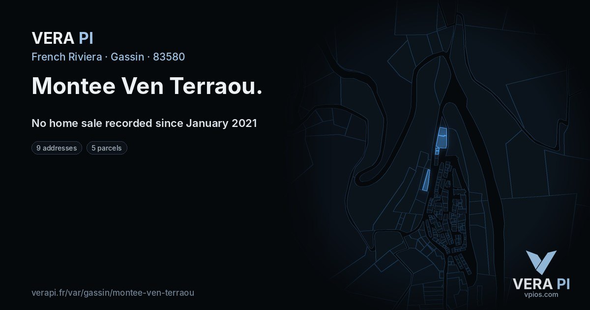Montee Ven Terraou, Gassin at night – every parcel coloured by the prices around it, the street's own parcels lit