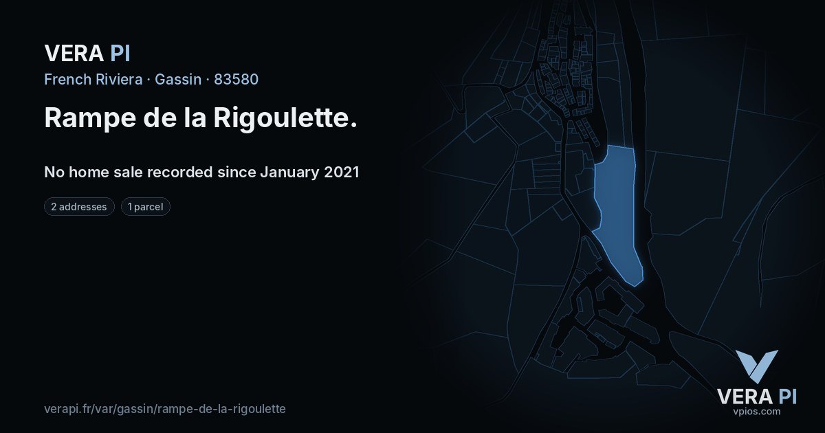 Rampe de la Rigoulette, Gassin at night – every parcel coloured by the prices around it, the street's own parcels lit