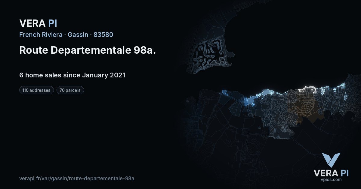 Route Departementale 98a, Gassin at night – every parcel coloured by the prices around it, the street's own parcels lit
