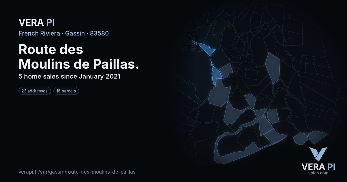 Route des Moulins de Paillas, Gassin at night – every parcel coloured by the prices around it, the street's own parcels lit