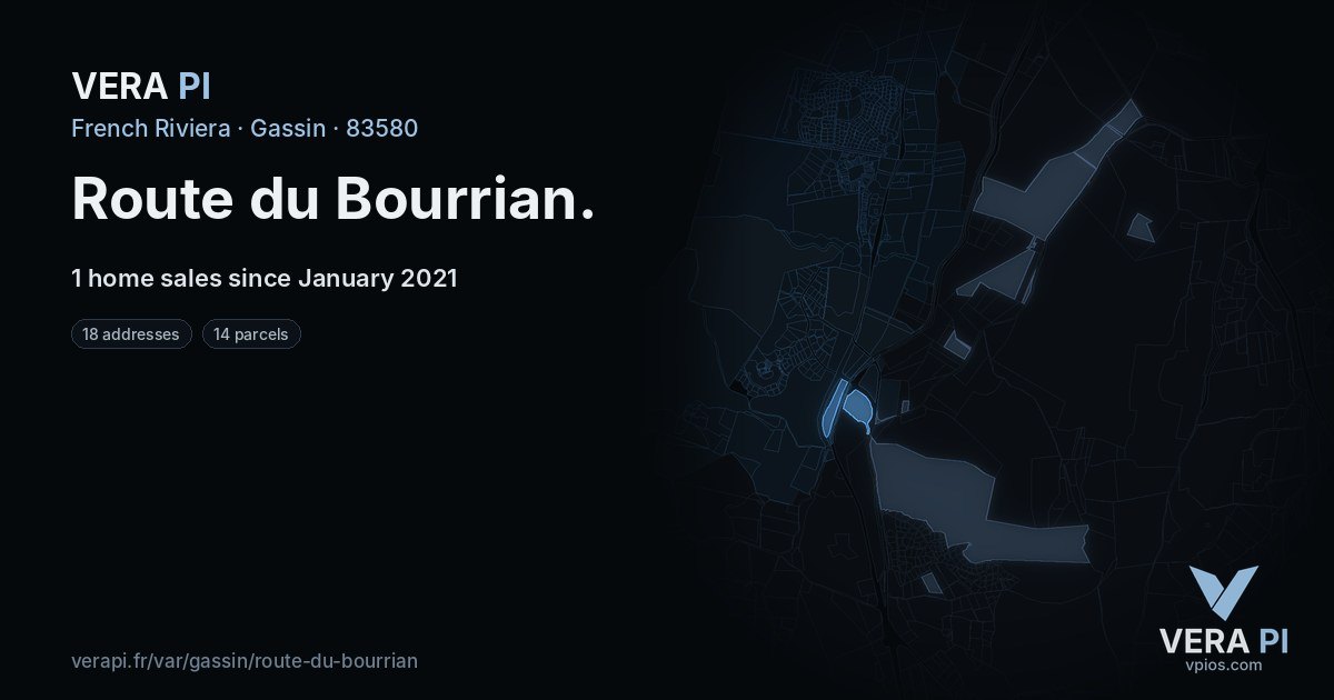 Route du Bourrian, Gassin at night – every parcel coloured by the prices around it, the street's own parcels lit