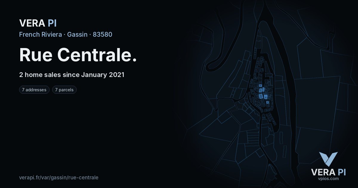 Rue Centrale, Gassin at night – every parcel coloured by the prices around it, the street's own parcels lit