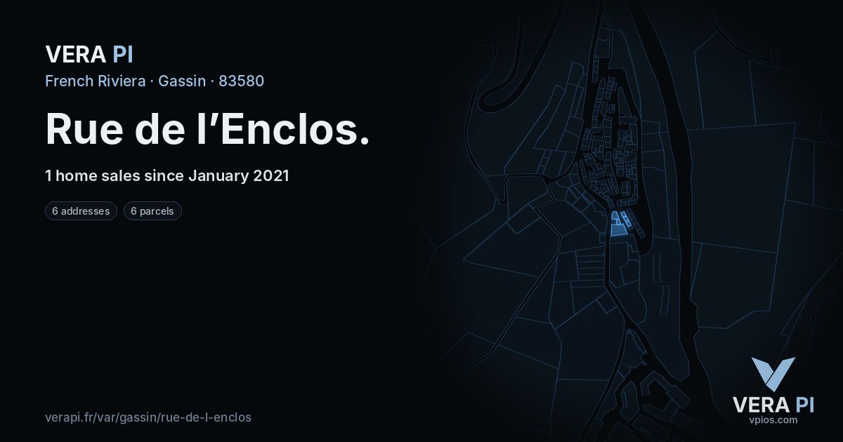 Rue de l’Enclos, Gassin at night – every parcel coloured by the prices around it, the street's own parcels lit