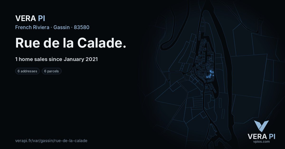 Rue de la Calade, Gassin at night – every parcel coloured by the prices around it, the street's own parcels lit