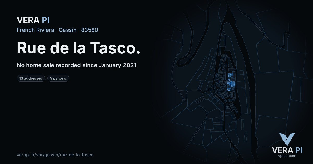 Rue de la Tasco, Gassin at night – every parcel coloured by the prices around it, the street's own parcels lit