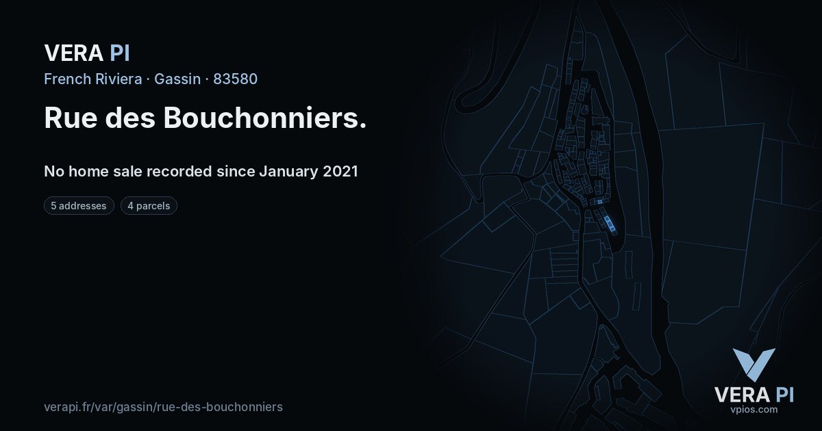 Rue des Bouchonniers, Gassin at night – every parcel coloured by the prices around it, the street's own parcels lit