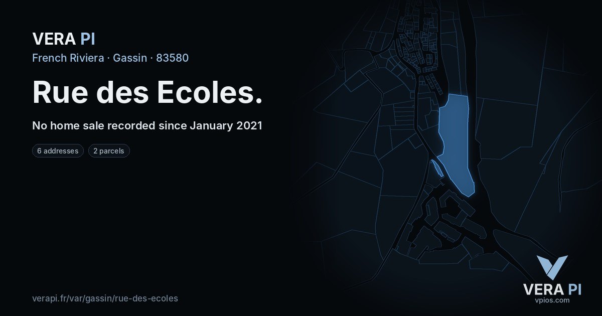 Rue des Ecoles, Gassin at night – every parcel coloured by the prices around it, the street's own parcels lit