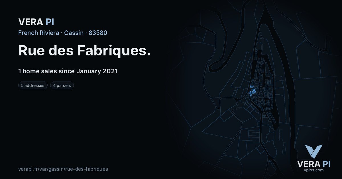 Rue des Fabriques, Gassin at night – every parcel coloured by the prices around it, the street's own parcels lit