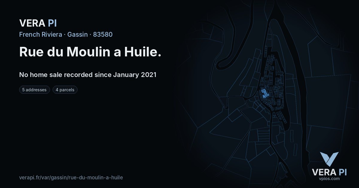 Rue du Moulin a Huile, Gassin at night – every parcel coloured by the prices around it, the street's own parcels lit