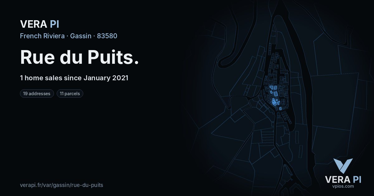Rue du Puits, Gassin at night – every parcel coloured by the prices around it, the street's own parcels lit