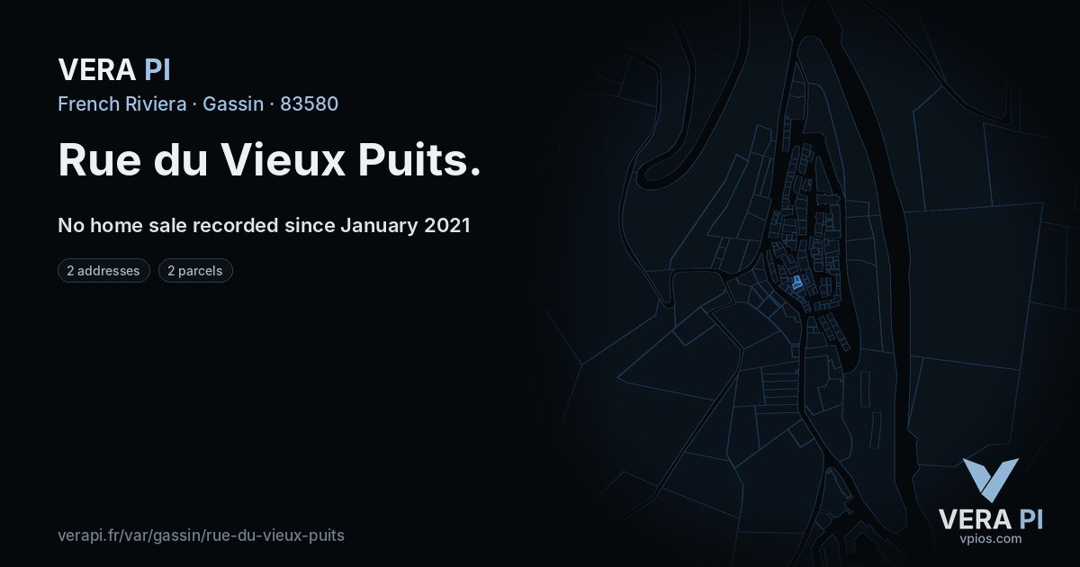 Rue du Vieux Puits, Gassin at night – every parcel coloured by the prices around it, the street's own parcels lit