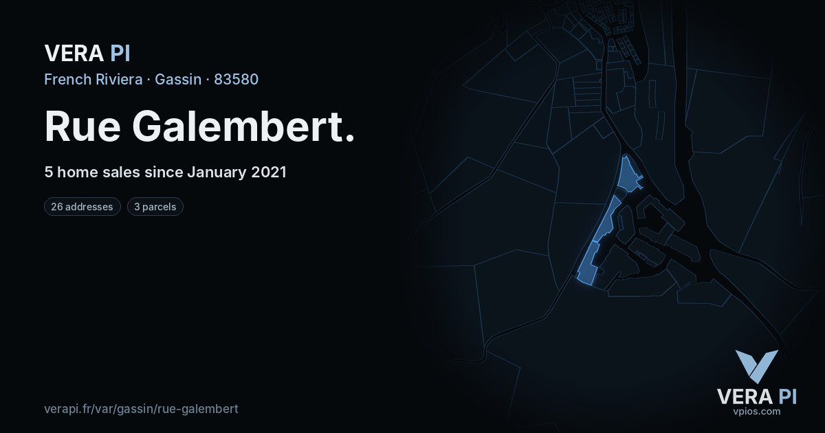 Rue Galembert, Gassin at night – every parcel coloured by the prices around it, the street's own parcels lit