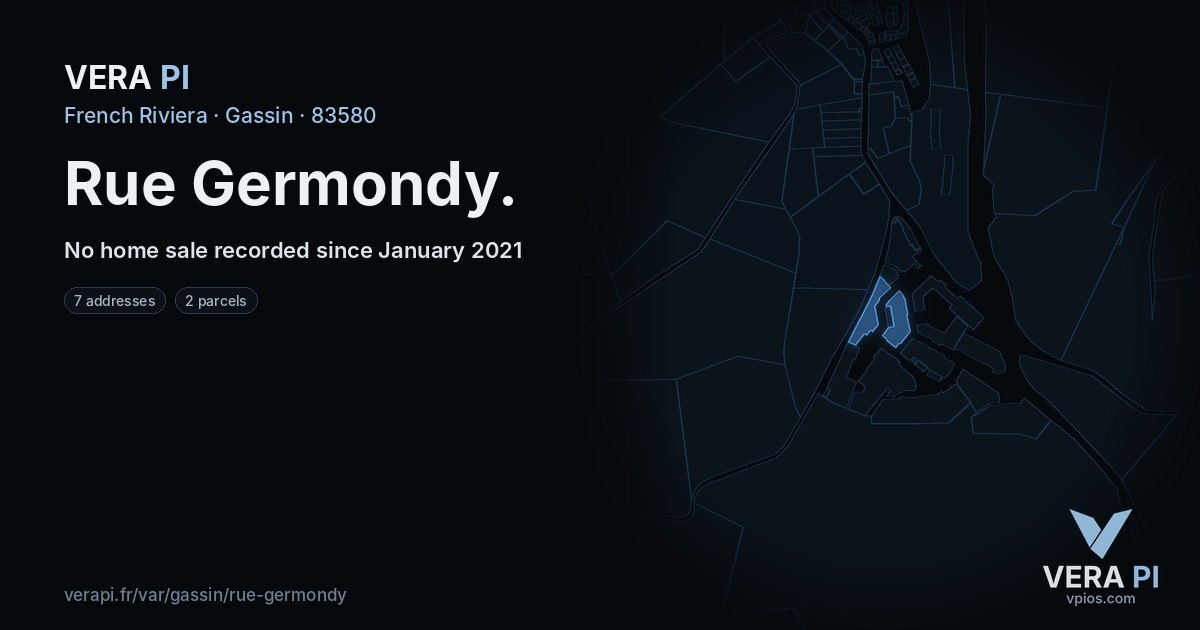 Rue Germondy, Gassin at night – every parcel coloured by the prices around it, the street's own parcels lit
