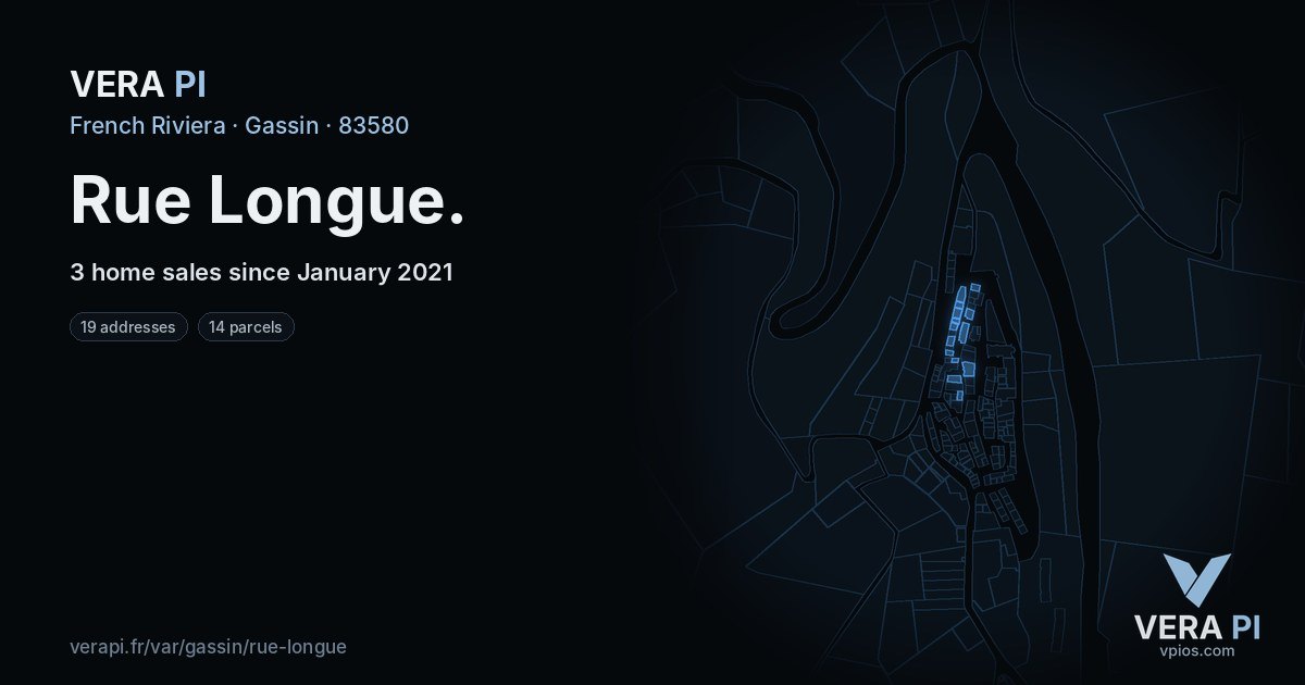Rue Longue, Gassin at night – every parcel coloured by the prices around it, the street's own parcels lit