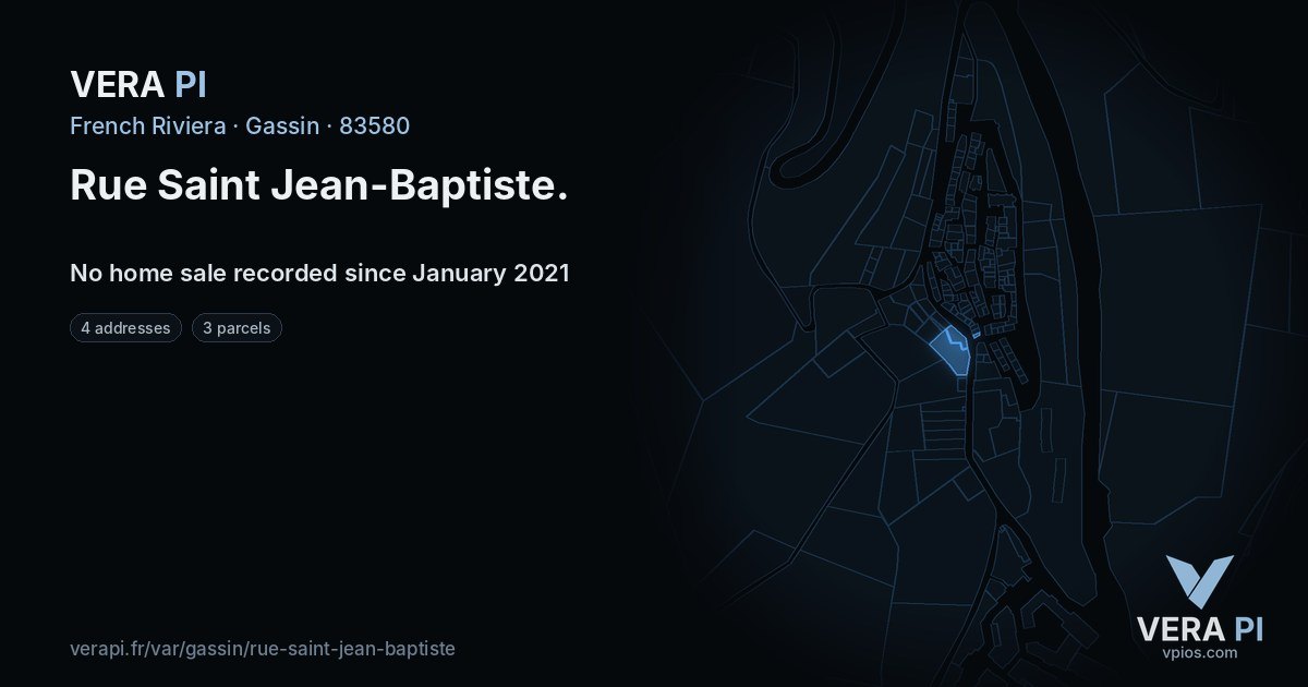 Rue Saint Jean-Baptiste, Gassin at night – every parcel coloured by the prices around it, the street's own parcels lit