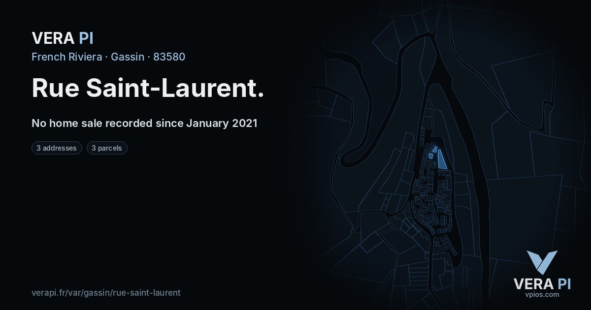 Rue Saint-Laurent, Gassin at night – every parcel coloured by the prices around it, the street's own parcels lit