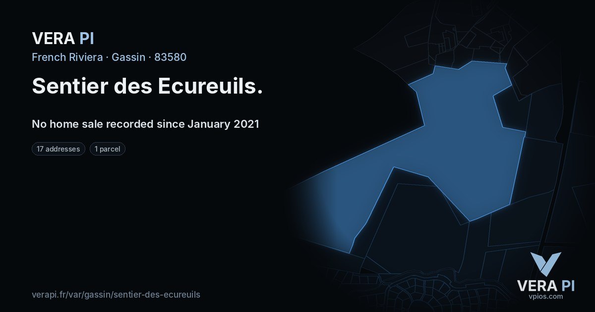 Sentier des Ecureuils, Gassin at night – every parcel coloured by the prices around it, the street's own parcels lit