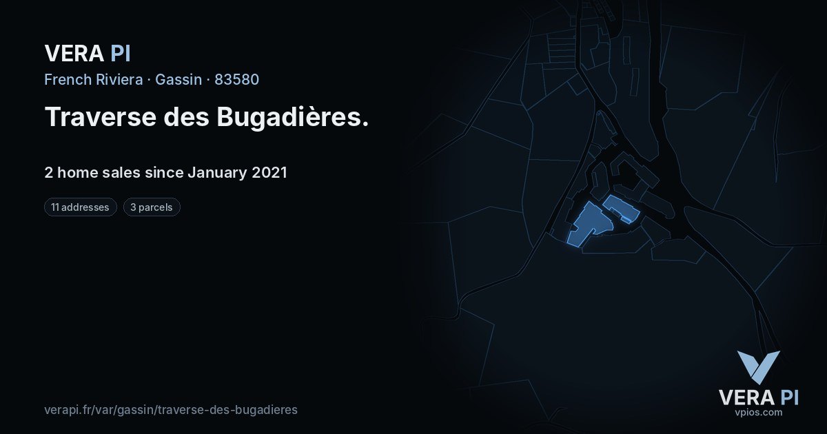 Traverse des Bugadières, Gassin at night – every parcel coloured by the prices around it, the street's own parcels lit