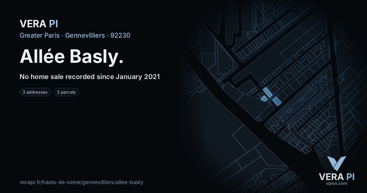 Allée Basly, Gennevilliers at night – every parcel coloured by the prices around it, the street's own parcels lit