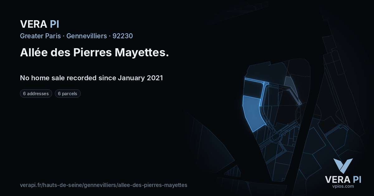 Allée des Pierres Mayettes, Gennevilliers at night – every parcel coloured by the prices around it, the street's own parcels lit