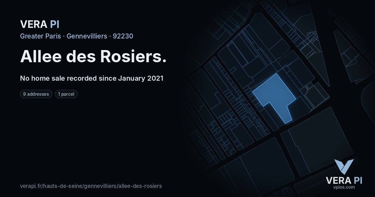 Allee des Rosiers, Gennevilliers at night – every parcel coloured by the prices around it, the street's own parcels lit