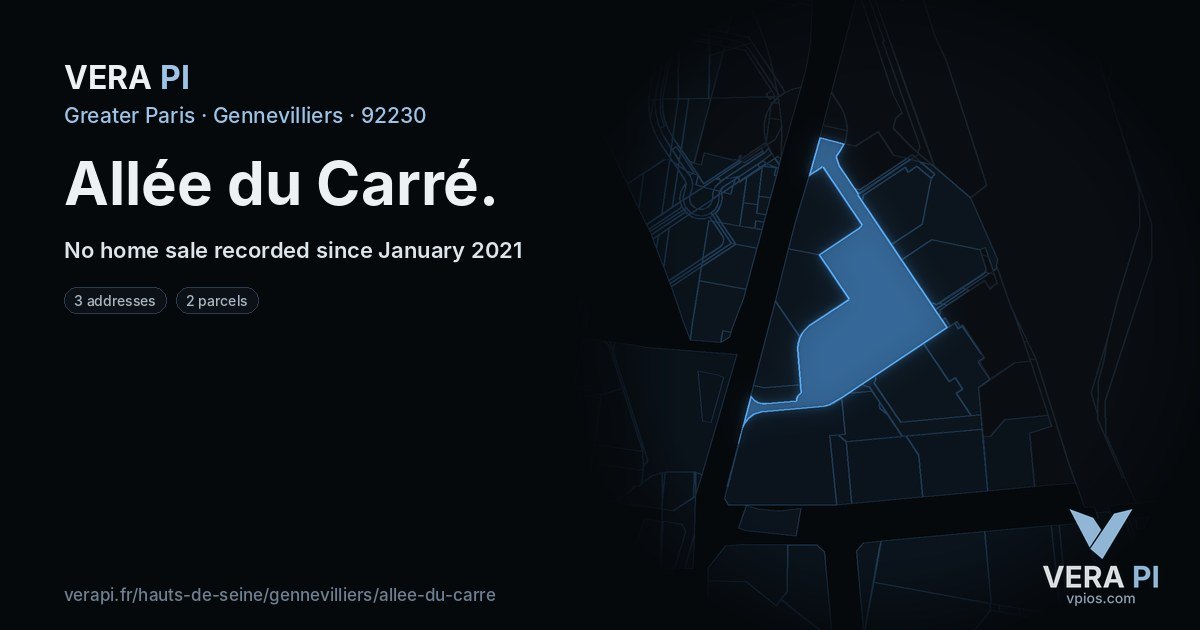 Allée du Carré, Gennevilliers at night – every parcel coloured by the prices around it, the street's own parcels lit