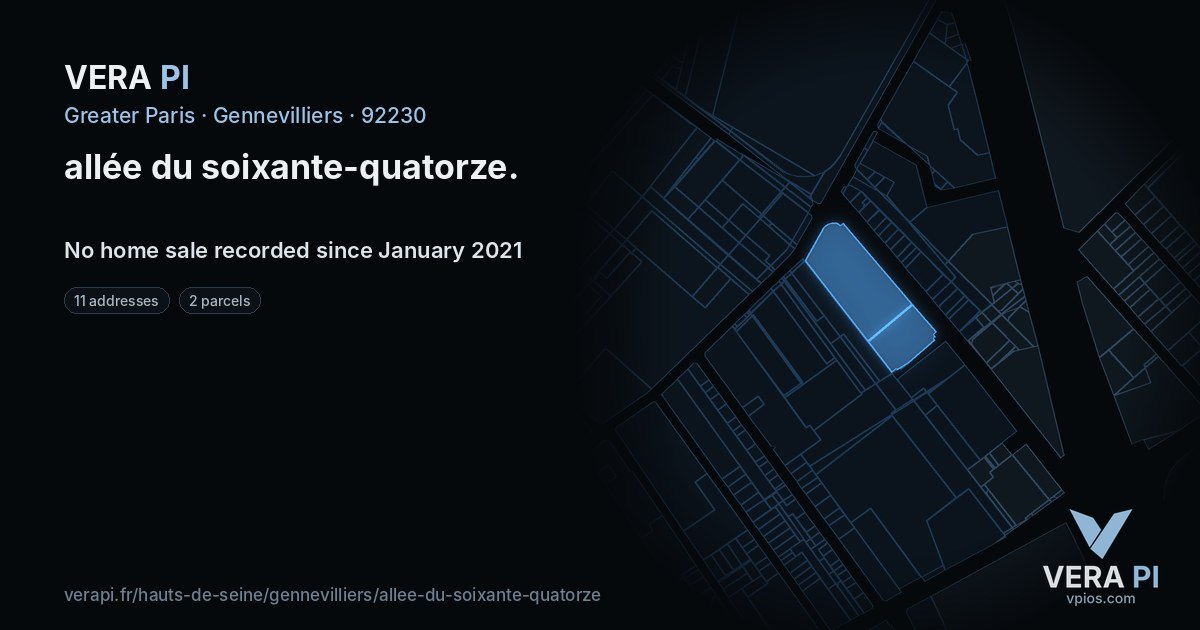 allée du soixante-quatorze, Gennevilliers at night – every parcel coloured by the prices around it, the street's own parcels lit