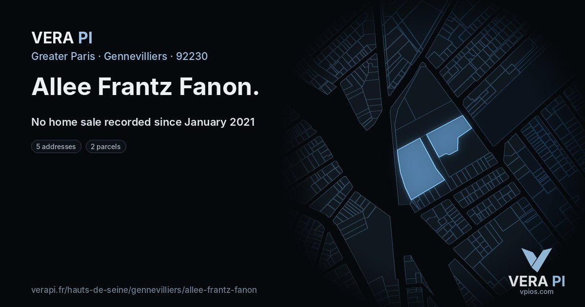 Allee Frantz Fanon, Gennevilliers at night – every parcel coloured by the prices around it, the street's own parcels lit