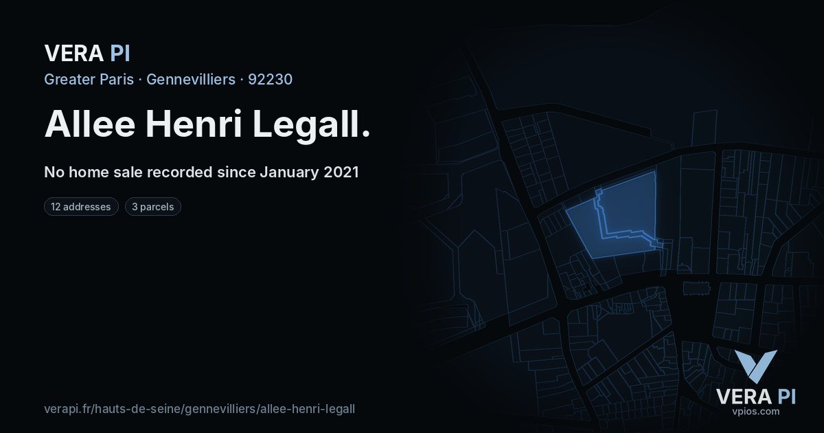 Allee Henri Legall, Gennevilliers at night – every parcel coloured by the prices around it, the street's own parcels lit