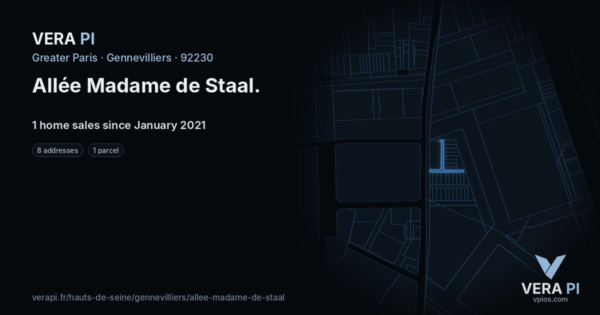 Allée Madame de Staal, Gennevilliers at night – every parcel coloured by the prices around it, the street's own parcels lit