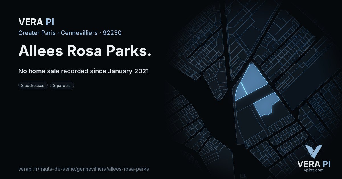 Allees Rosa Parks, Gennevilliers at night – every parcel coloured by the prices around it, the street's own parcels lit