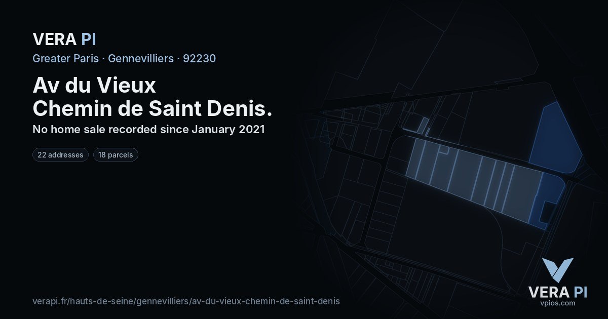 Av du Vieux Chemin de Saint Denis, Gennevilliers at night – every parcel coloured by the prices around it, the street's own parcels lit