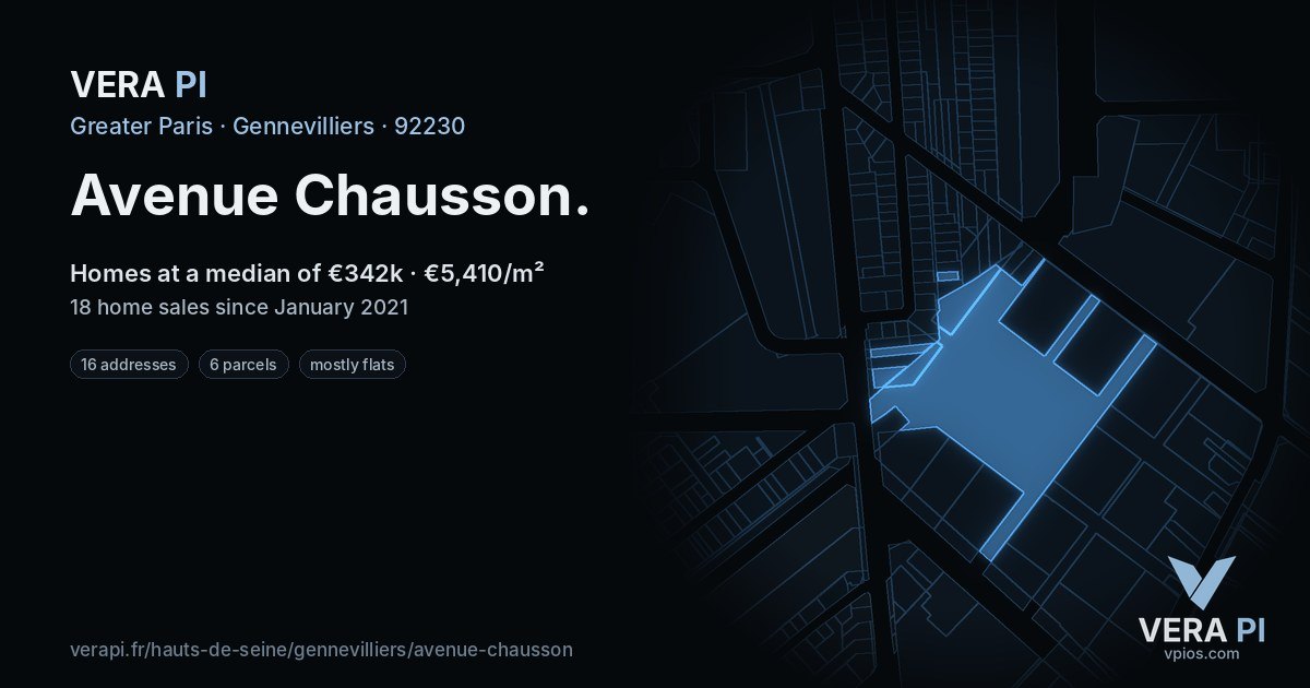 Avenue Chausson, Gennevilliers at night – every parcel coloured by the prices around it, the street's own parcels lit