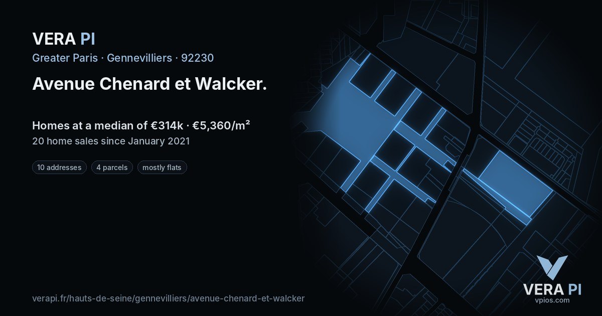 Avenue Chenard et Walcker, Gennevilliers at night – every parcel coloured by the prices around it, the street's own parcels lit