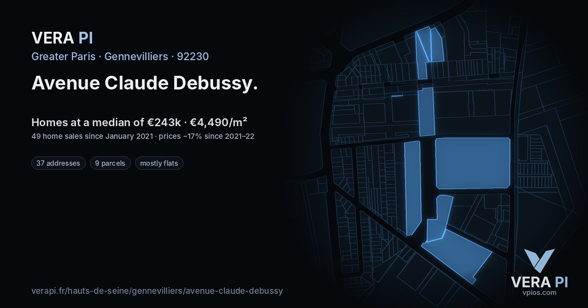 Avenue Claude Debussy, Gennevilliers at night – every parcel coloured by the prices around it, the street's own parcels lit